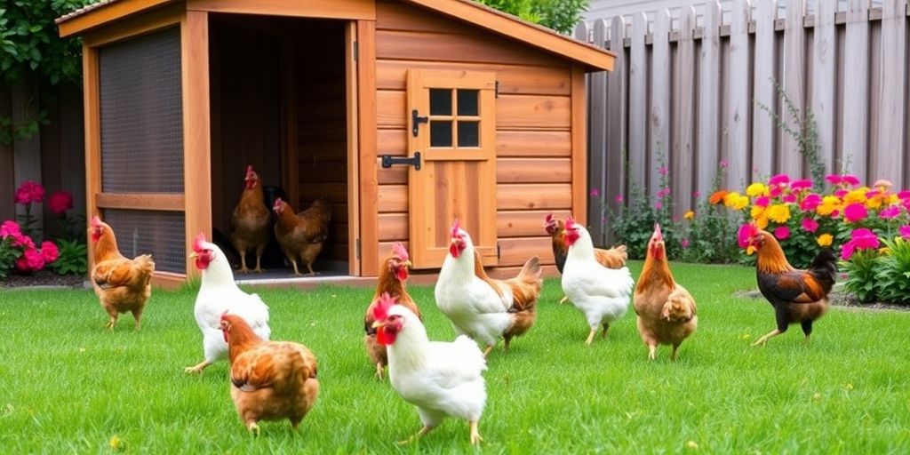 Chickens roaming in a sunny backyard garden.