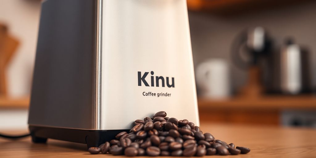 Kinu M47 coffee grinder with fresh coffee beans.