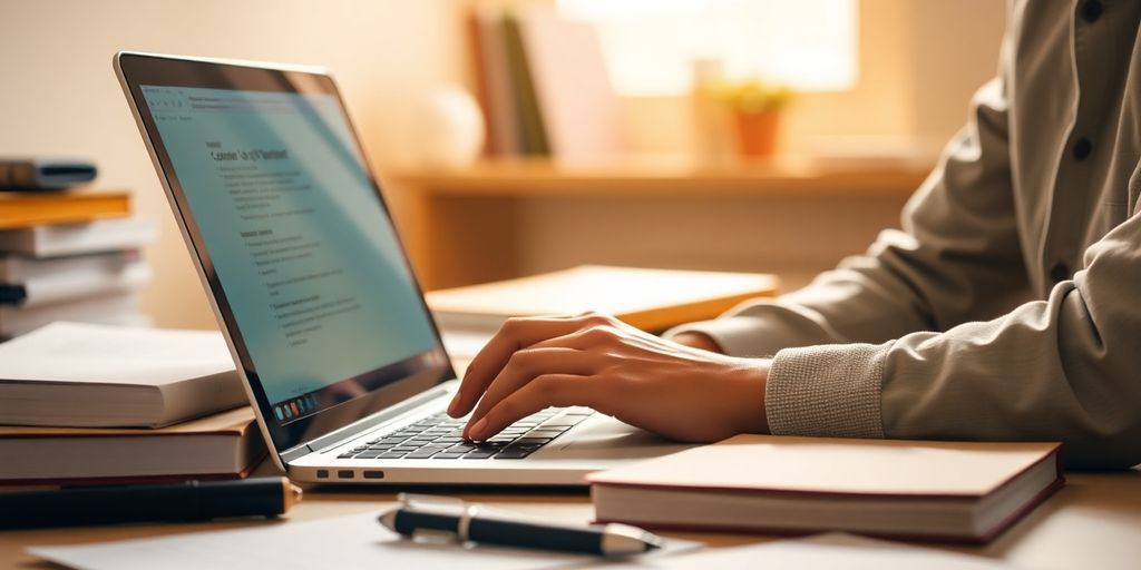 Content writer working on SEO strategies at a laptop.
