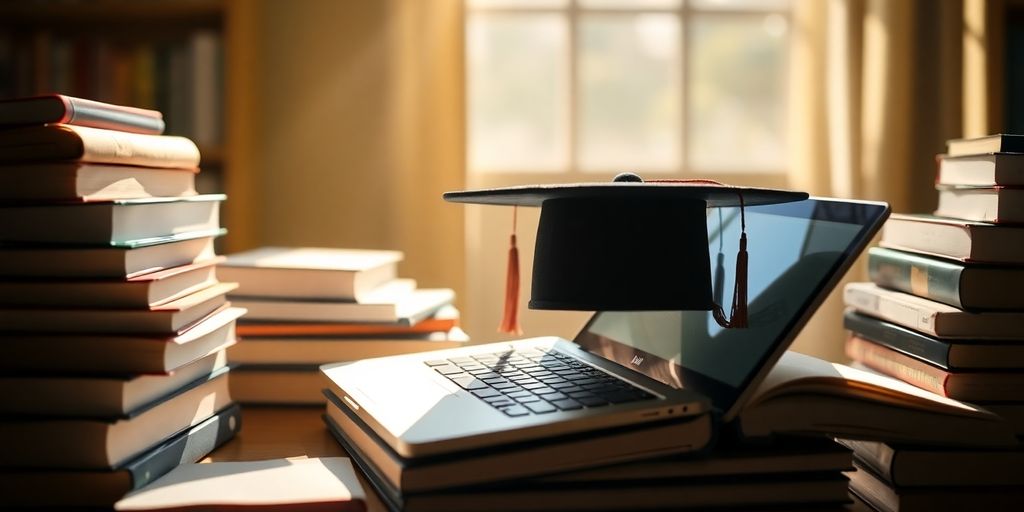 Graduation cap on a laptop near books.