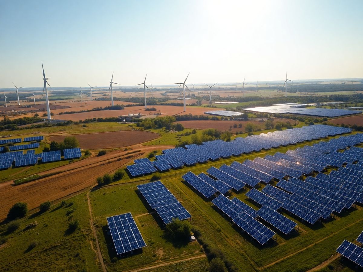 Turbine eoliene și panouri solare pe un fundal european.