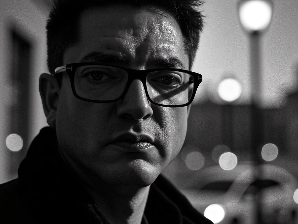 A monochromatic portrait of a person with glasses outdoors.