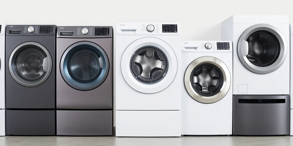 Moderne Waschmaschinen in verschiedenen Designs und Farben.