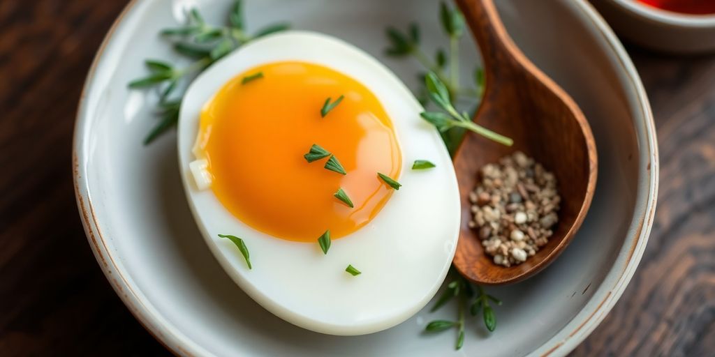 ไข่ลวกสวยงามในจานพร้อมกับสมุนไพรสด