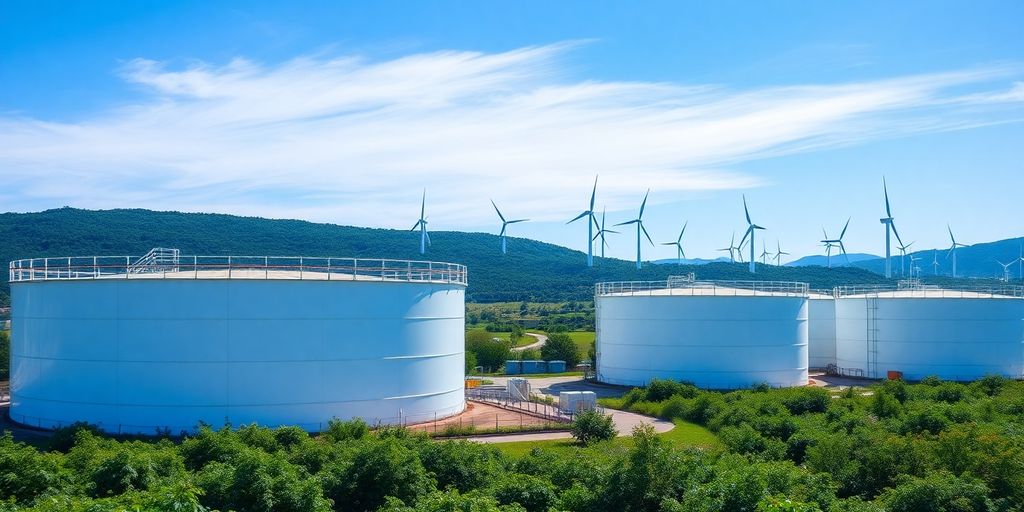 Ammonia storage tanks near renewable energy facilities.