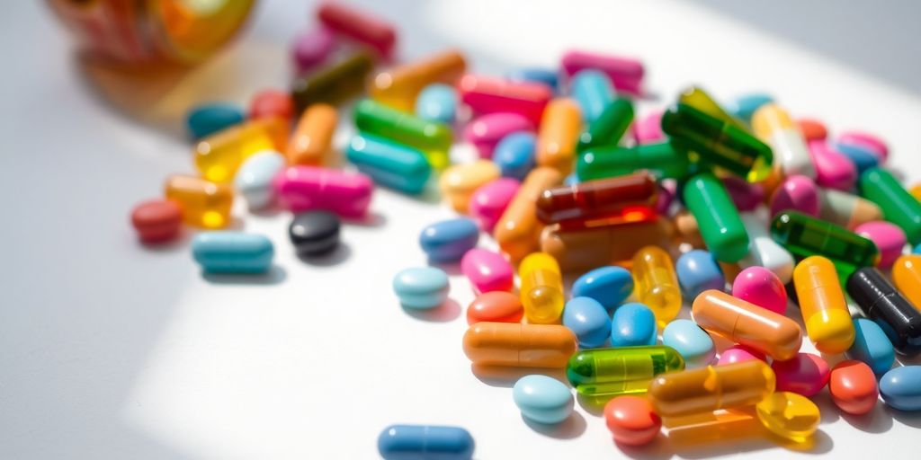 Colorful vitamin pills in a neat pile.