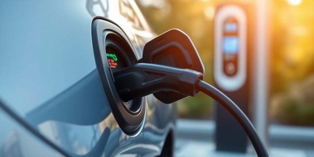 Electric car charging at a sleek, modern station.