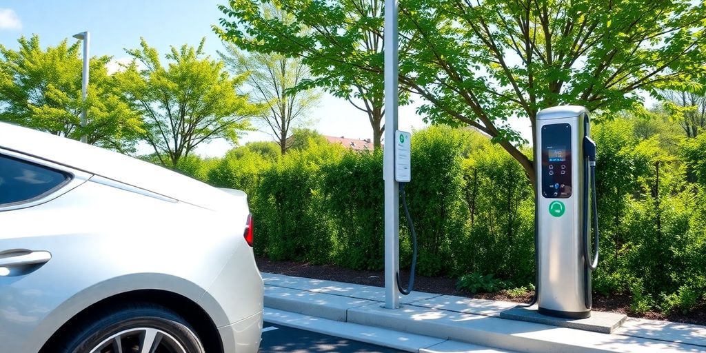 Electric vehicle charging station with a car plugged in.