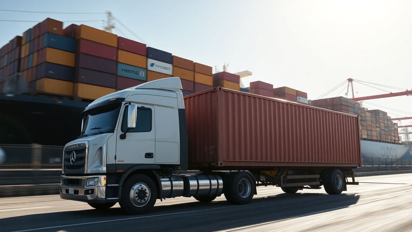 Cargo ship, truck, Long Beach port.