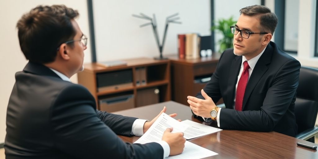 Lawyer consulting with client in an office setting.