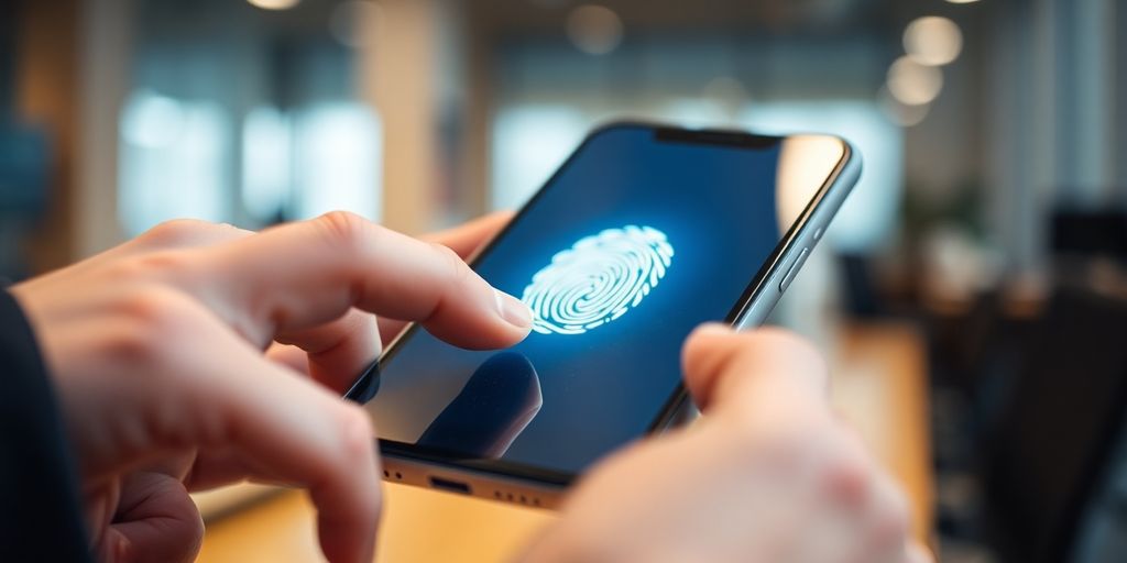 Fingerprint scanning on a smartphone screen.