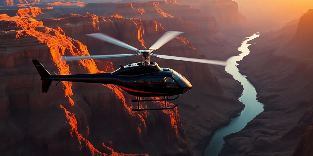 A helicopter flying over the Grand Canyon at sunset.