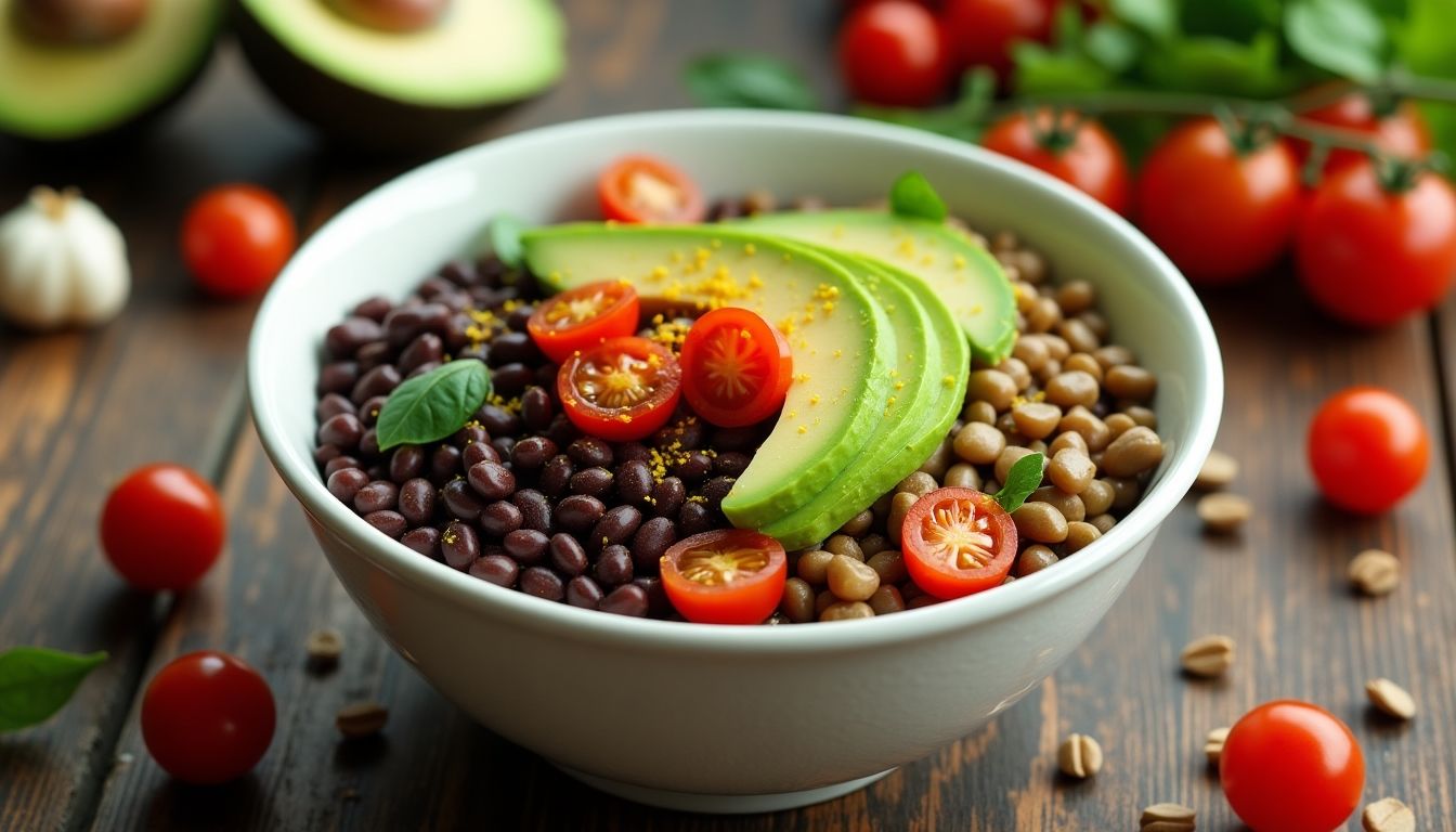 Lentil and bean breakfast bowl with fresh toppings.