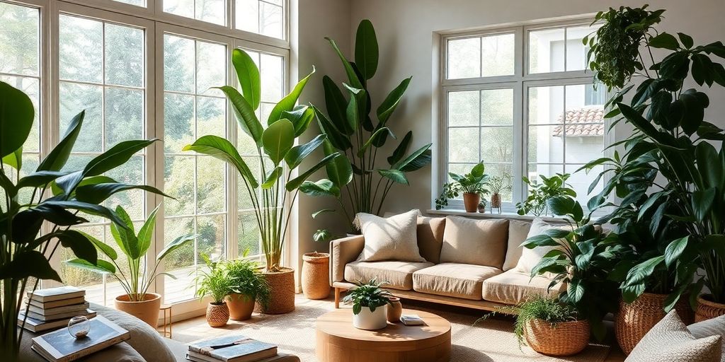 Cozy living room with plants and natural light.