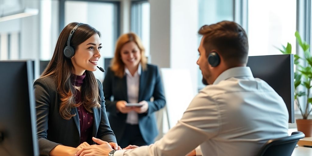 Customer support representative helping a trader in an office.