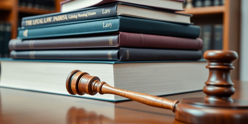 Law books with a gavel on a wooden desk.