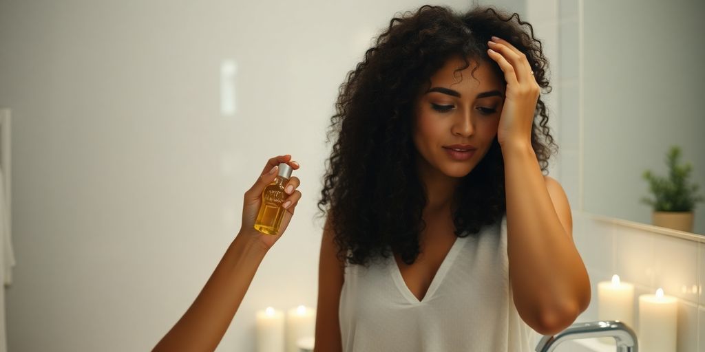 Woman caring for curly hair at night in bathroom.