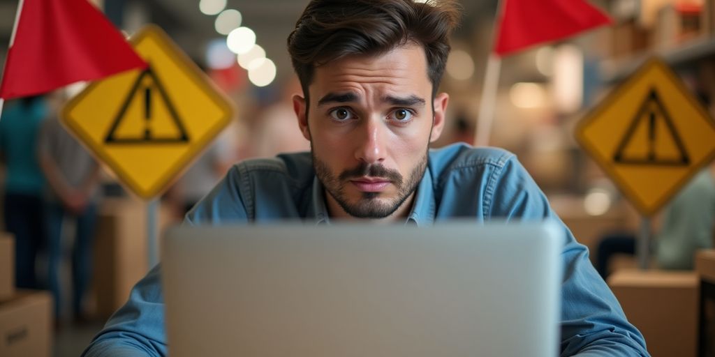 Person inquiet devant un ordinateur avec des signes d'avertissement.