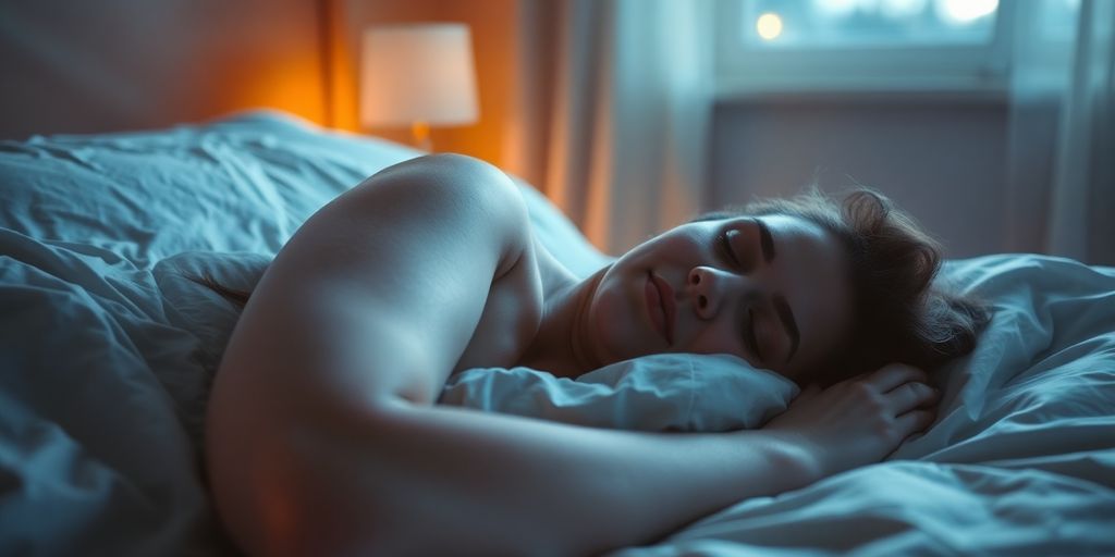 Person sleeping peacefully in a calm, moonlit bedroom.