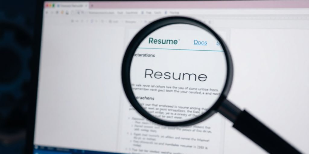 Resume on screen, magnifying glass, gears.