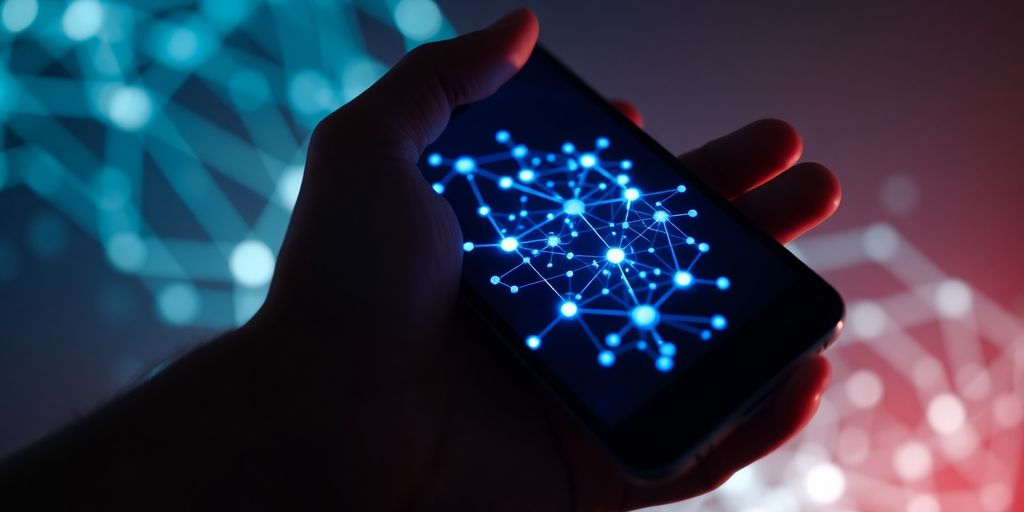 Smartphone displaying blockchain network with glowing lines.