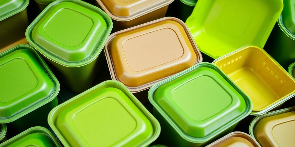 Green takeaway containers stacked neatly.
