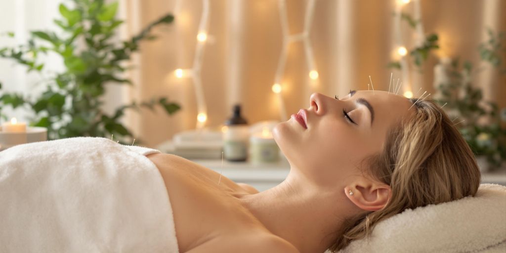 Individual receiving acupuncture in a tranquil setting.