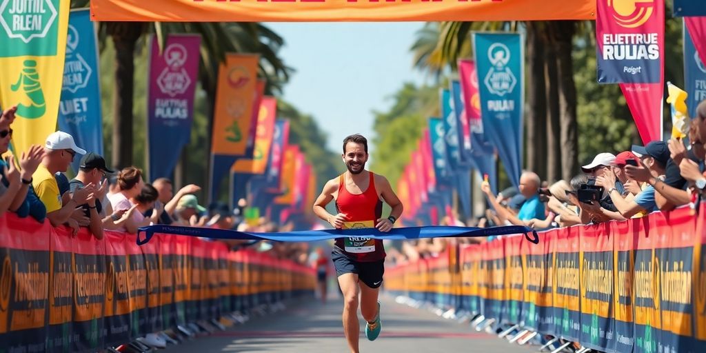 Runner finishing a half marathon with cheering crowd.