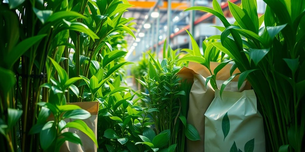 Healthy green plants in a packaging factory.