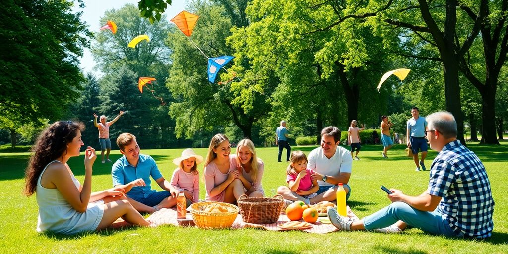 Friends enjoying a picnic in a sunny park setting.