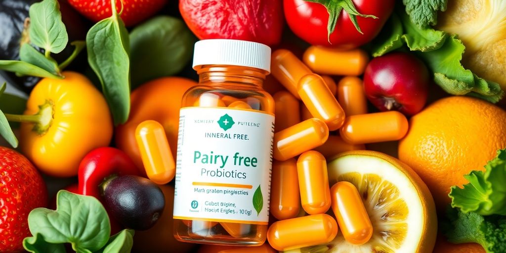 Dairy-free probiotic capsules with fresh fruits and vegetables.