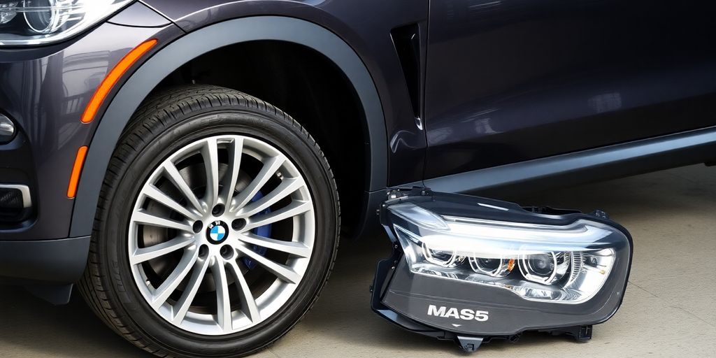 BMW X5 parked with various spare parts nearby.