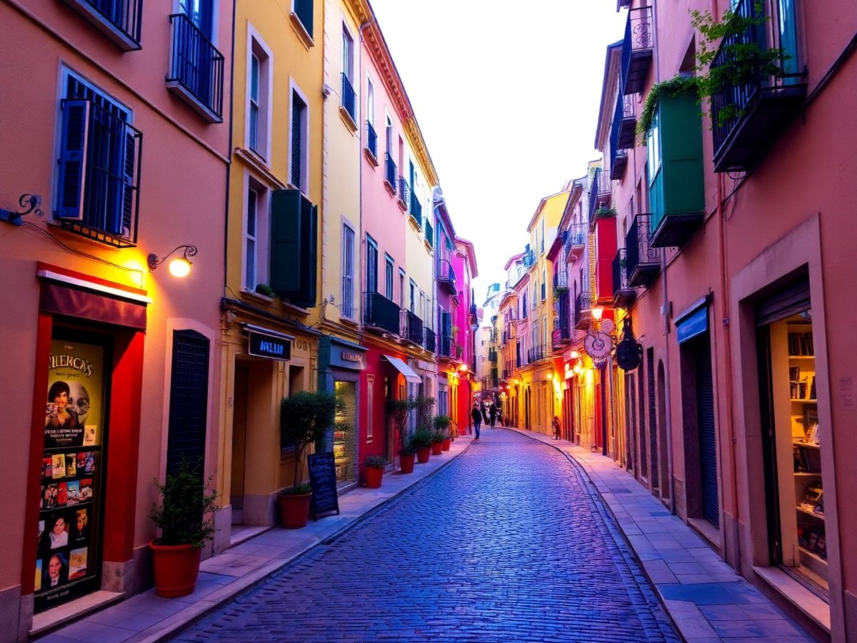 Strada acciottolata a Sitges con edifici colorati.