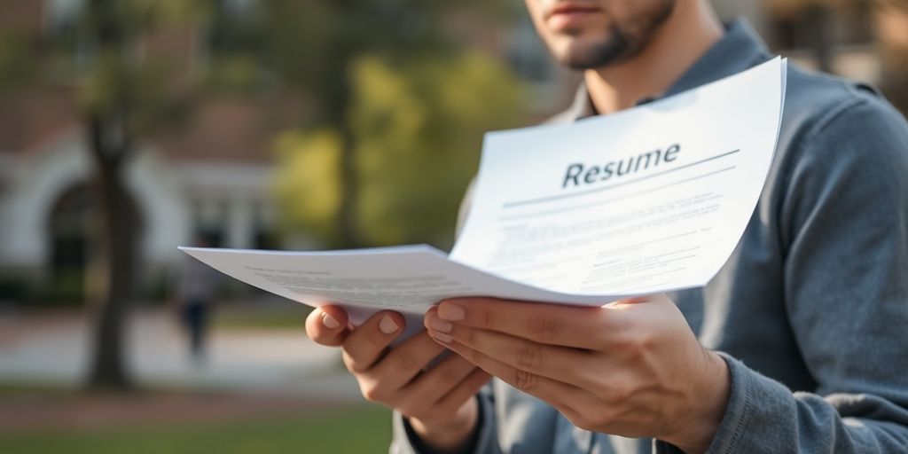 Student looking thoughtfully at resume.