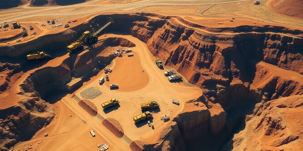 Vue aérienne d'une mine d'or et équipements.