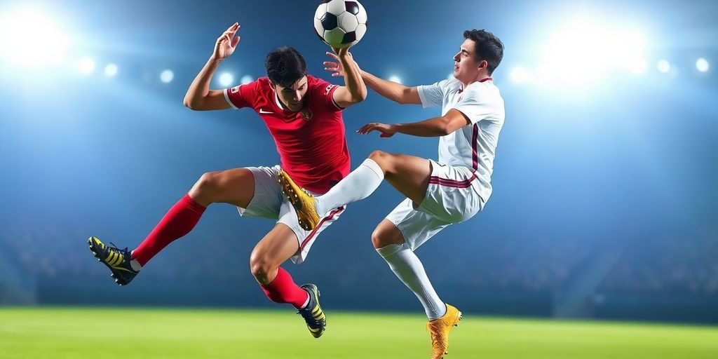 Two soccer players jostling for the ball.