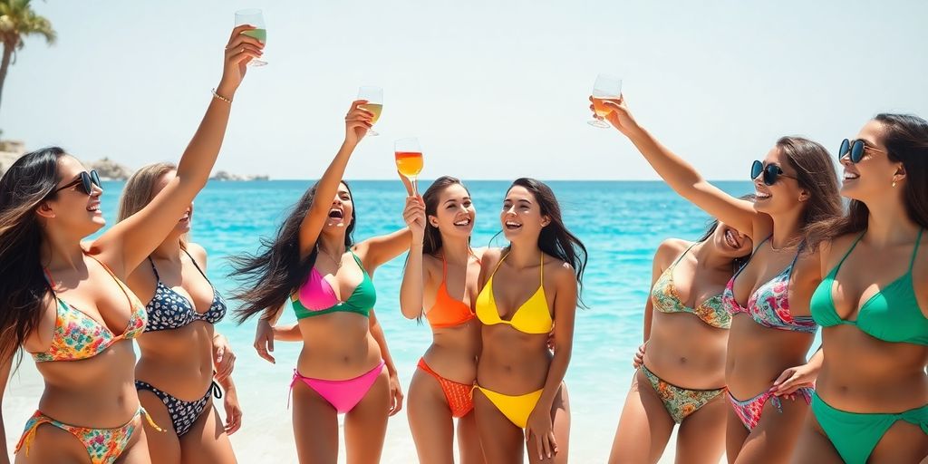 Women celebrating bachelorette party on a Cabo beach.