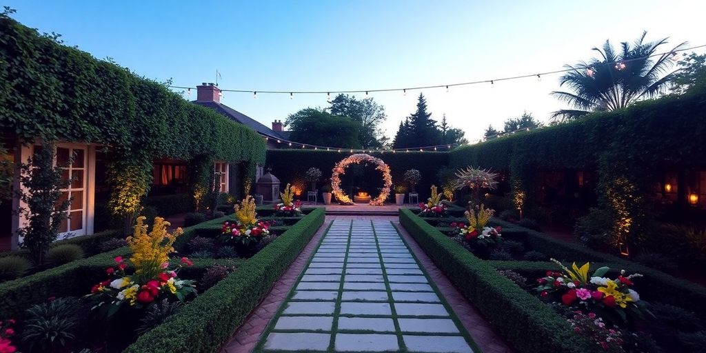 Elegant garden venue with lush greenery and floral arrangements.
