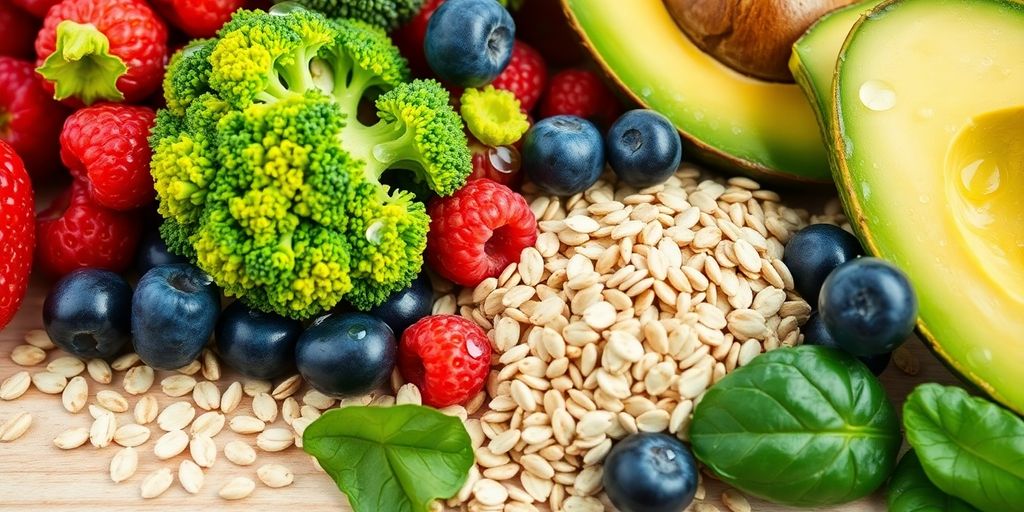 A colorful arrangement of fiber-rich fruits, vegetables, and whole grains.