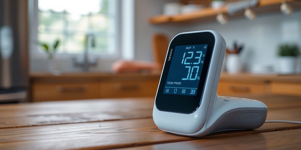 Close-up of a non-invasive blood sugar monitor.