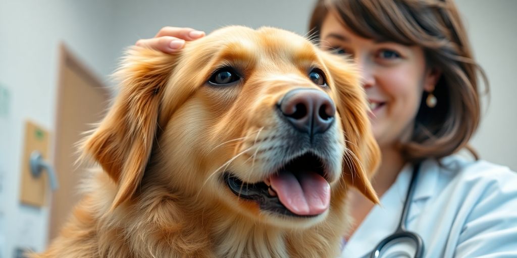 Veterinarian smiling while petting a happy dog