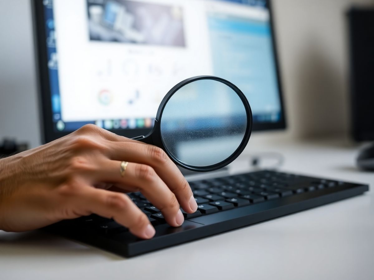 Lupa, klawiatura, ekran komputera, ręce, wyszukiwanie, optymalizacja.