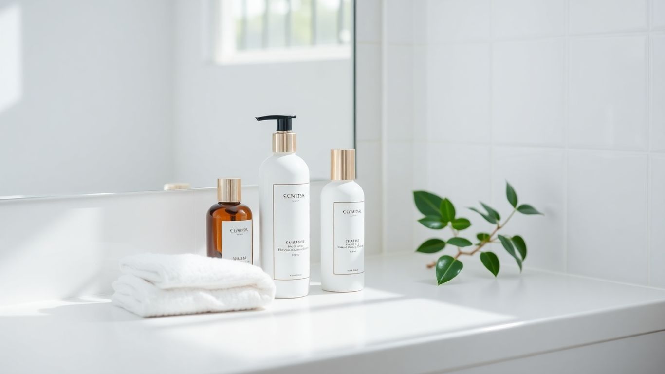 Minimalist skincare bottles with towel and plant on countertop.