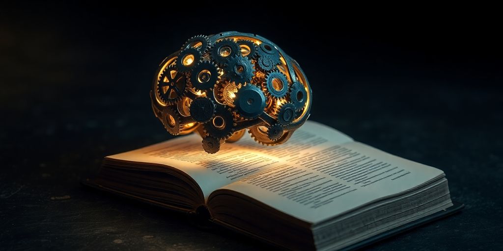Glowing brain with gears, open book.