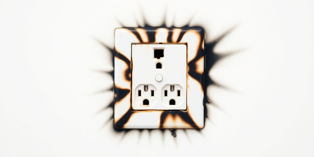 Burnt electrical outlet with scorch marks on wall.