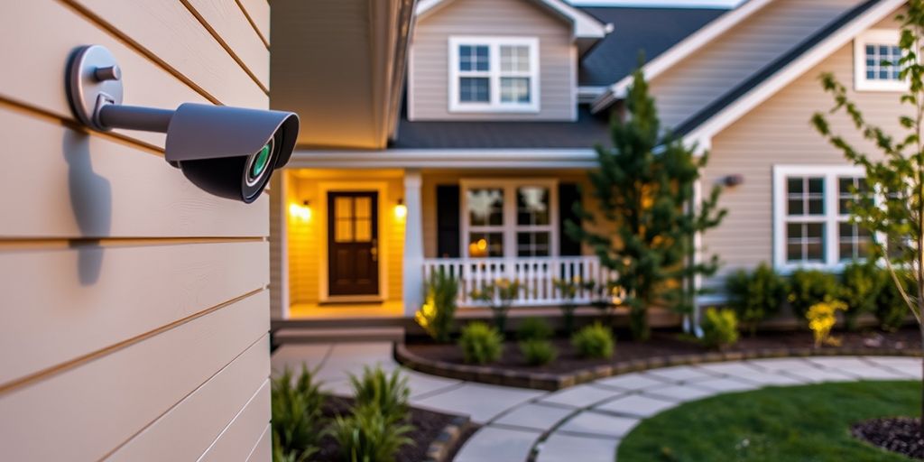 Home with security camera and well-lit porch