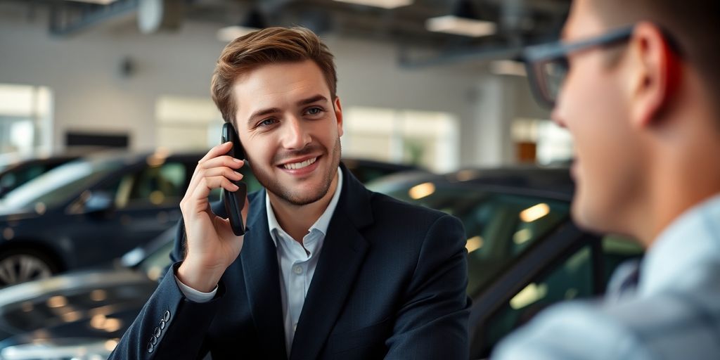 Car sales representative on the phone in a showroom.