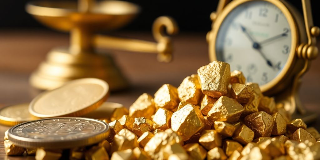 Tas de pépites d'or avec des pièces de monnaie et une balance.