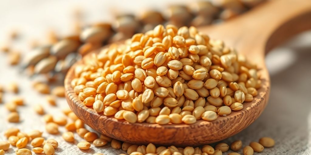 Close-up of golden flaxseeds on a wooden spoon.