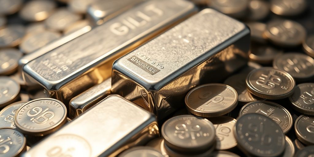 Lingots d'argent et pièces d'argent empilés.